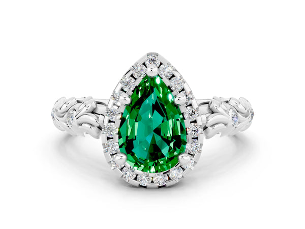 White gold Pear Cut Emerald Halo Ring with Filigree Band and Prong Setting