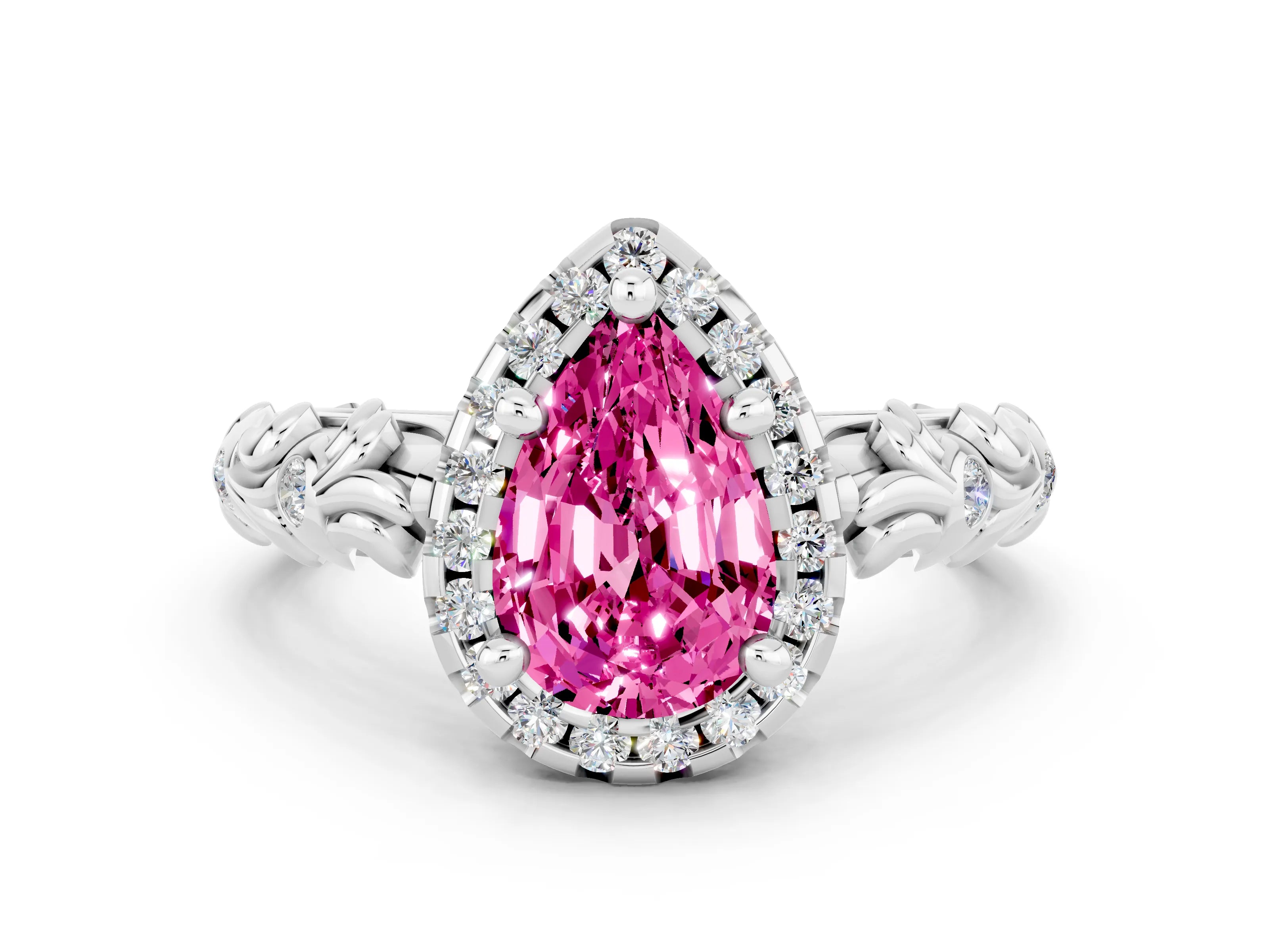 White gold Pear Cut Halo Diamond Solitaire with Filigree Band and Four-Prong Setting