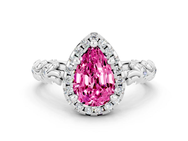 Platinum Pear Cut Pink Sapphire Halo Ring with Filigree Band and Prong Setting