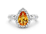 White gold Pear Cut Halo Diamond Solitaire with Filigree Band and Four-Prong Setting