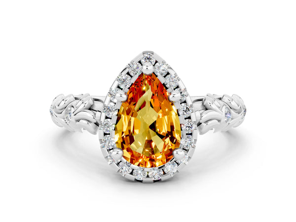 Platinum Pear Cut Citrine Halo Ring with Filigree Band and Prong Setting