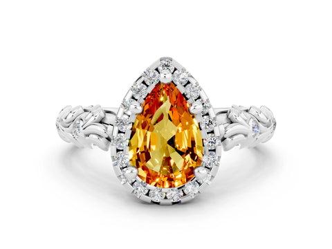 White gold Pear Cut Halo Diamond Solitaire with Filigree Band and Four-Prong Setting