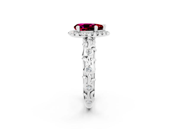 Platinum Pear Cut Garnet Halo Ring with Filigree Band and Prong Setting
