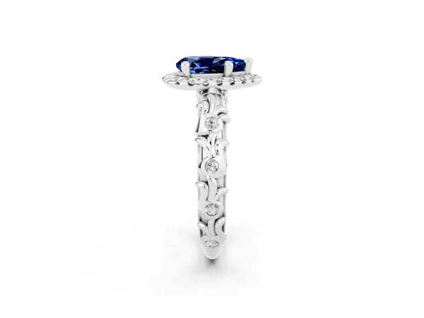 White gold Pear Cut Blue Sapphire Halo Ring with Filigree Band and Prong Setting