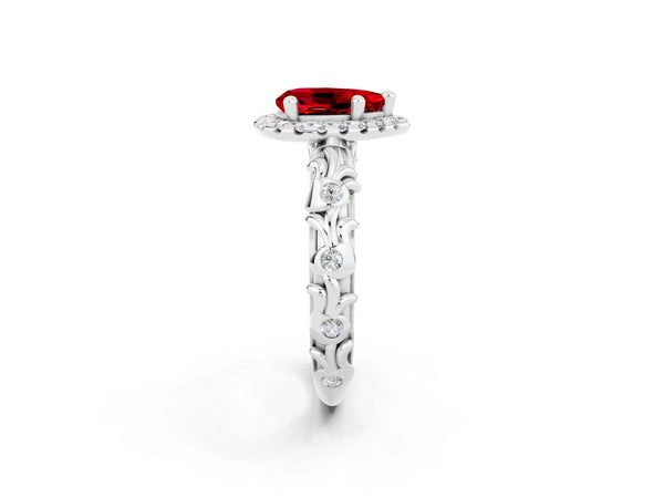 Platinum Pear Cut Ruby Halo Ring with Filigree Band and Prong Setting
