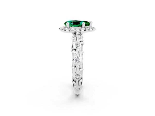 Silver Pear Cut Emerald Halo Ring with Filigree Band and Prong Setting