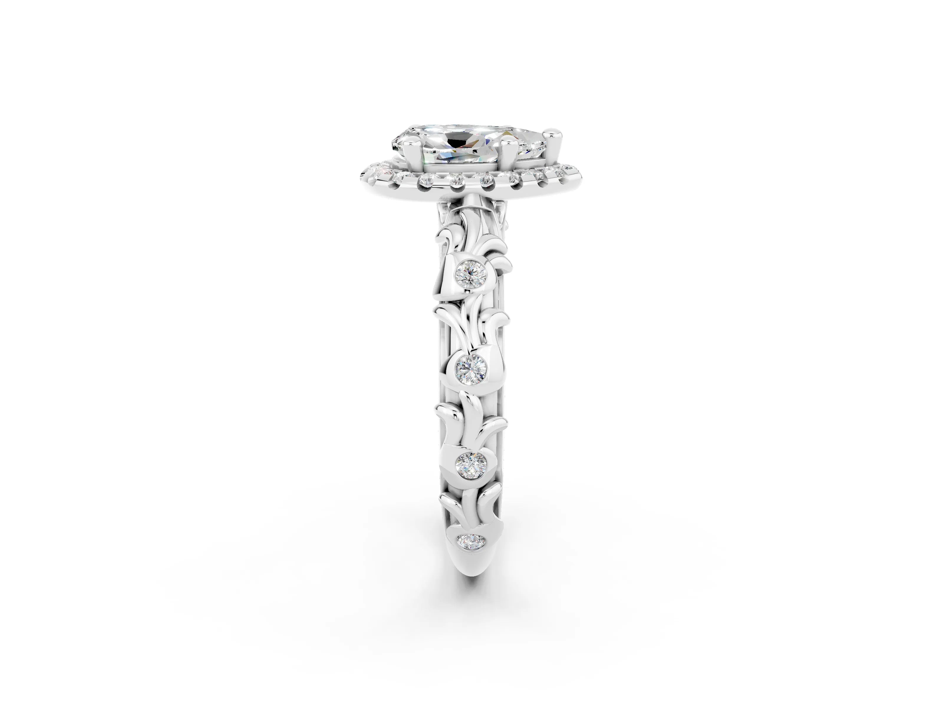 White gold Pear Cut Halo Diamond Solitaire with Filigree Band and Four-Prong Setting_2