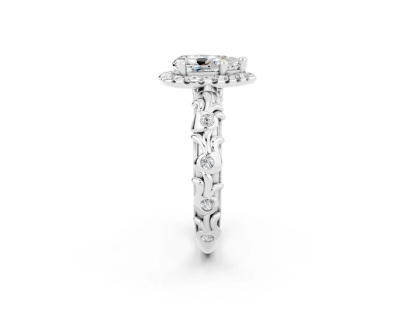 Platinum Pear Cut Moissanite Halo Ring with Filigree Band and Prong Setting