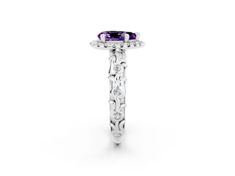 White gold Pear Cut Halo Diamond Solitaire with Filigree Band and Four-Prong Setting_2
