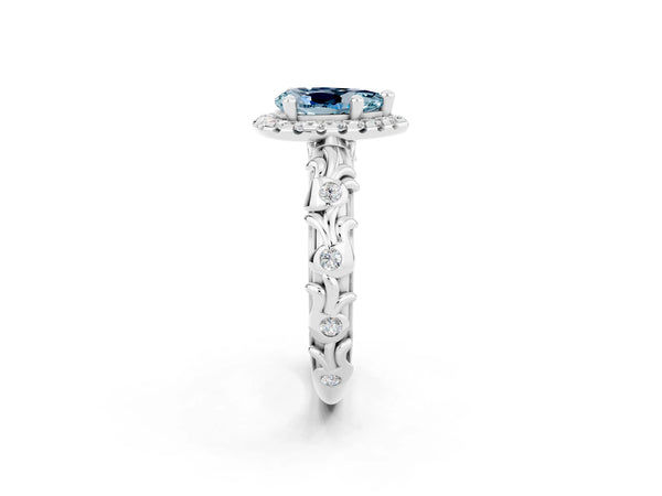 Silver Pear Cut Aquamarine Halo Ring with Filigree Band and Prong Setting