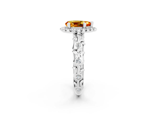 Platinum Pear Cut Citrine Halo Ring with Filigree Band and Prong Setting