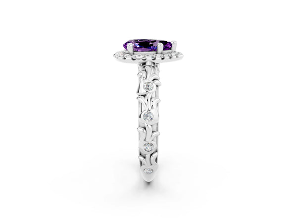Platinum Pear Cut Amethyst Halo Ring with Filigree Band and Prong Setting