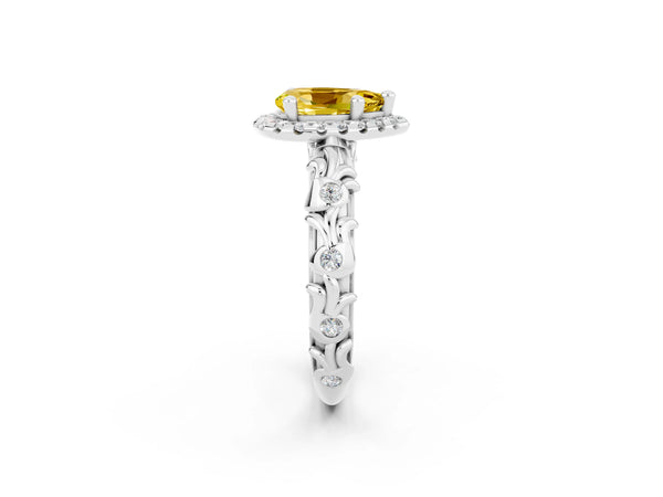 Silver Pear Cut Yellow Sapphire Halo Ring with Filigree Band and Prong Setting