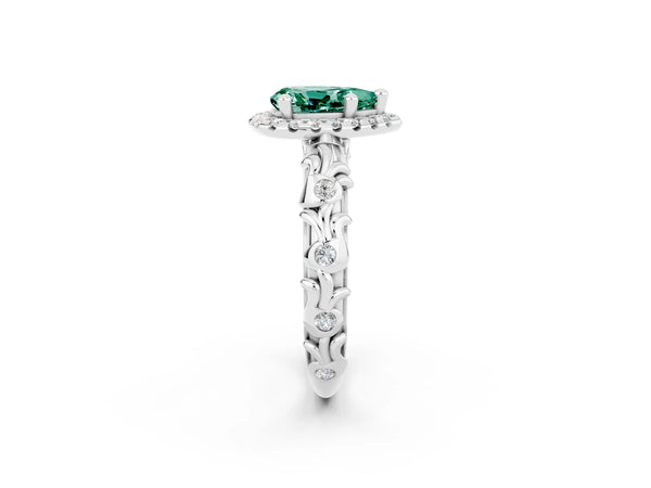 Platinum Pear Cut Green Sapphire Halo Ring with Filigree Band and Prong Setting