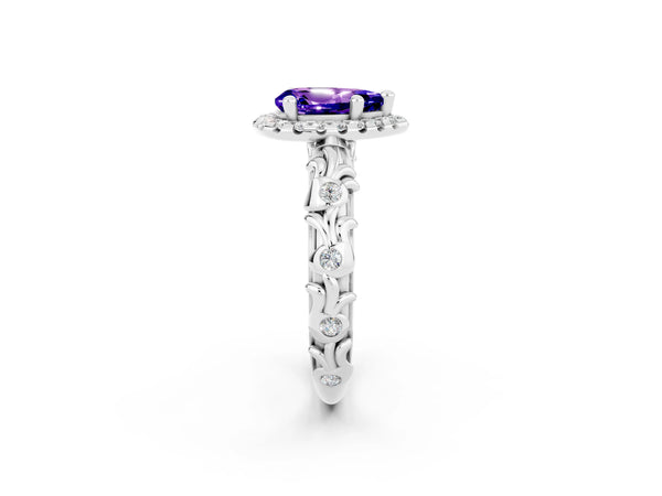 Silver Pear Cut Tanzanite Halo Ring with Filigree Band and Prong Setting