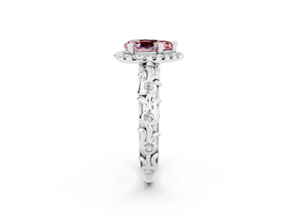 Platinum Pear Cut Halo Diamond Solitaire with Filigree Band and Four-Prong Setting