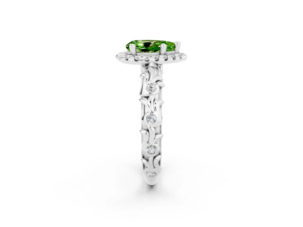 Platinum Pear Cut Peridot Halo Ring with Filigree Band and Prong Setting