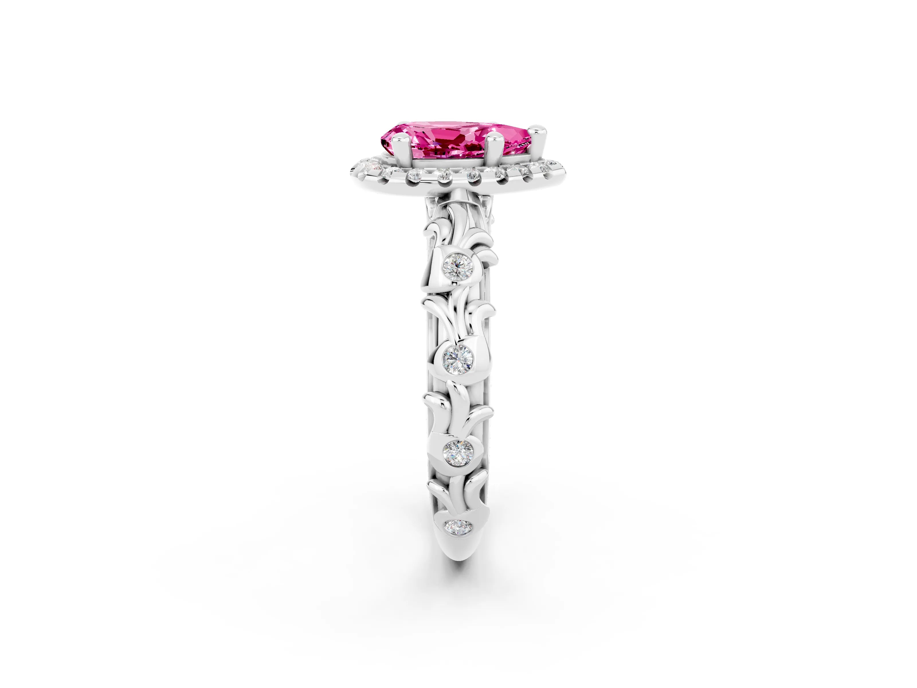 White gold Pear Cut Halo Diamond Solitaire with Filigree Band and Four-Prong Setting_2