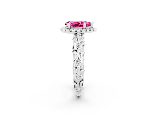 Platinum Pear Cut Pink Sapphire Halo Ring with Filigree Band and Prong Setting