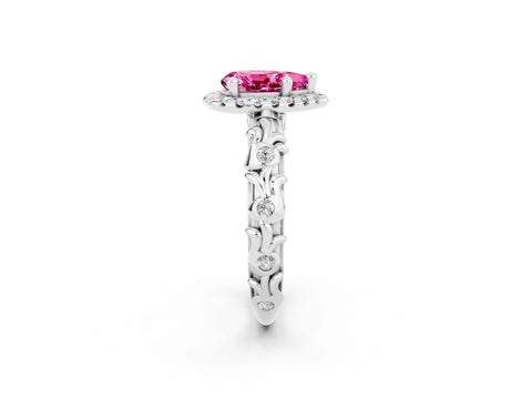 White gold Pear Cut Halo Diamond Solitaire with Filigree Band and Four-Prong Setting_2