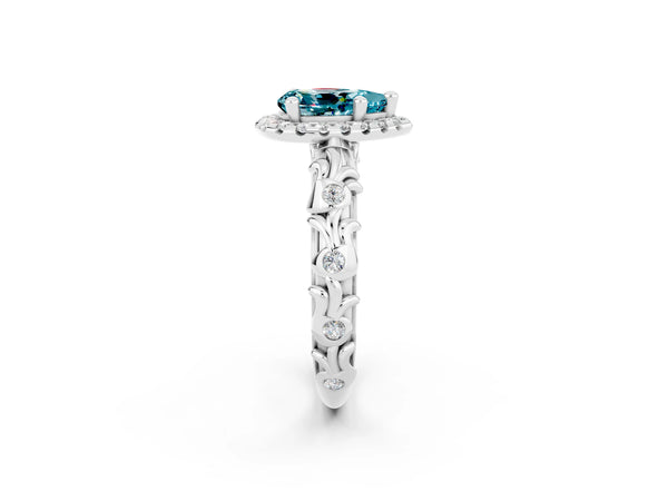 White gold Pear Cut Halo Diamond Solitaire with Filigree Band and Four-Prong Setting