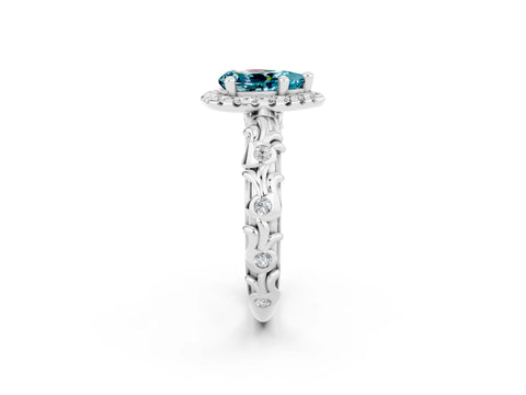 White gold Pear Cut Halo Diamond Solitaire with Filigree Band and Four-Prong Setting_2