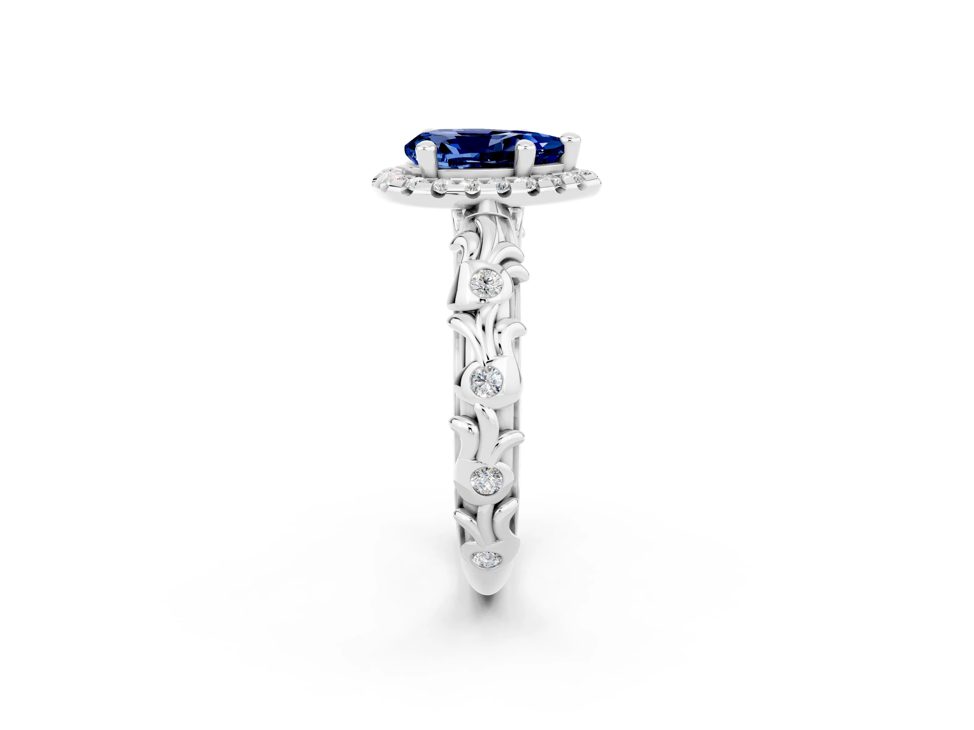 White gold Pear Cut Halo Diamond Solitaire with Filigree Band and Four-Prong Setting_2