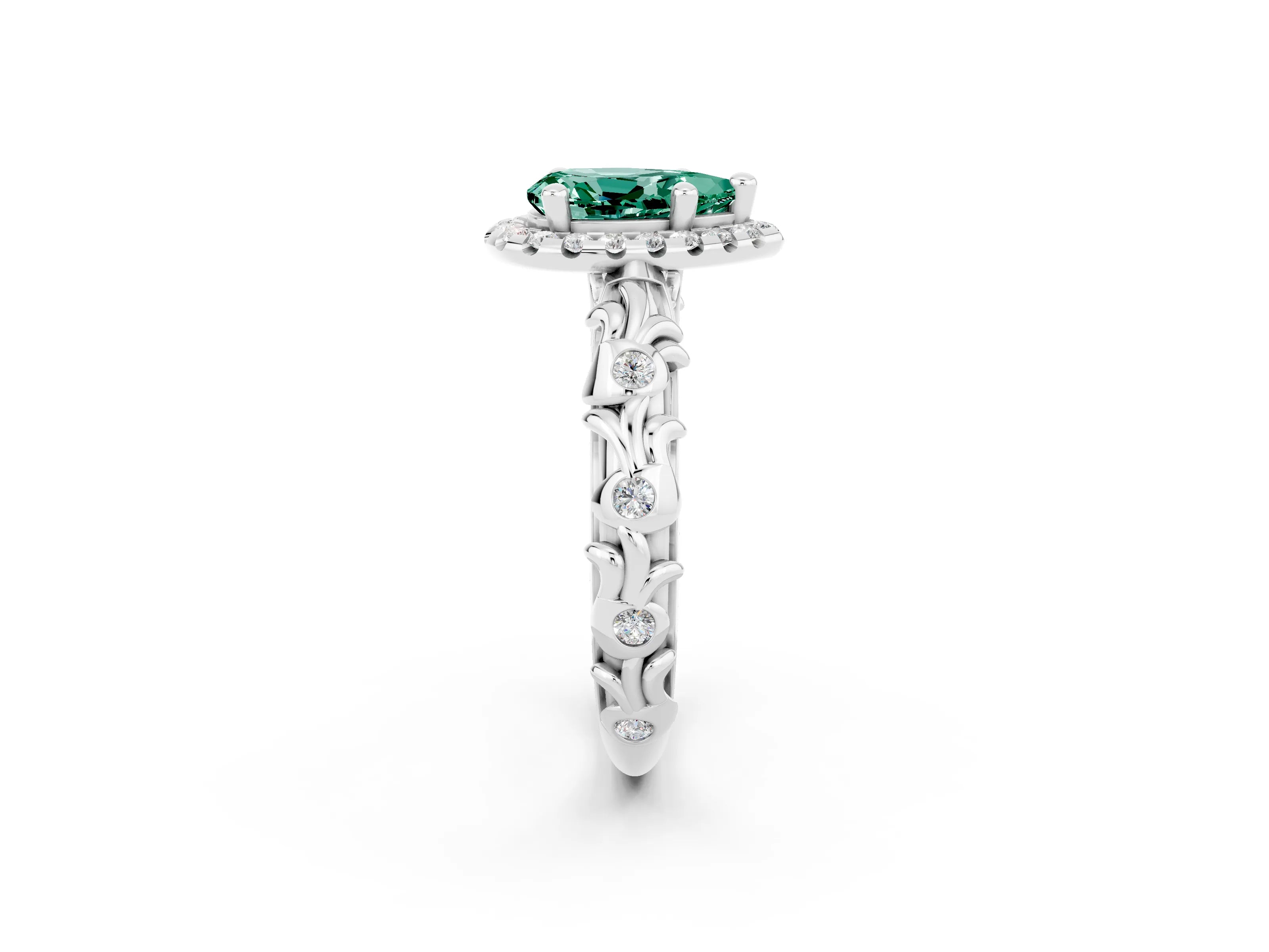 White gold Pear Cut Halo Diamond Solitaire with Filigree Band and Four-Prong Setting_2