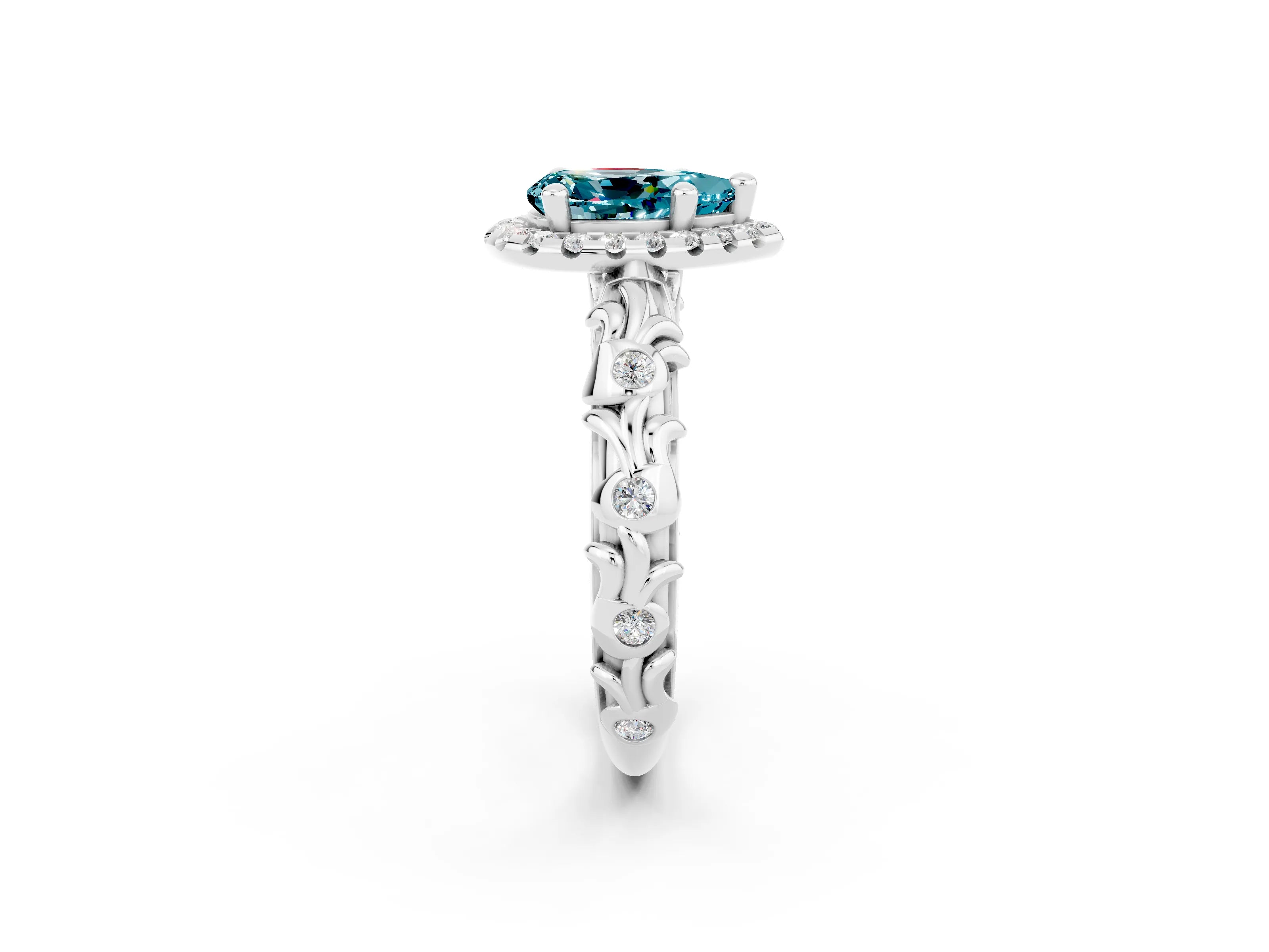 White gold Pear Cut Halo Diamond Solitaire with Filigree Band and Four-Prong Setting_2