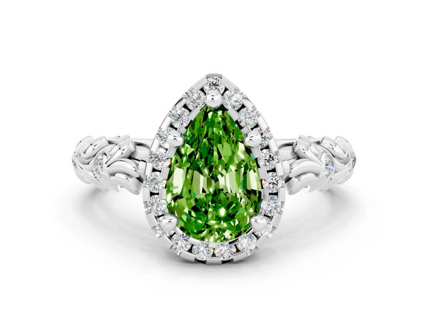 Silver Pear Cut Peridot Halo Ring with Filigree Band and Prong Setting