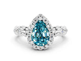 White gold Pear Cut Halo Diamond Solitaire with Filigree Band and Four-Prong Setting