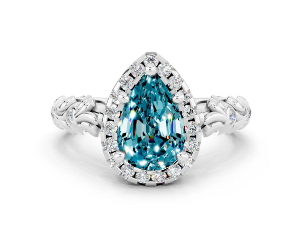 Platinum Pear Cut Halo Diamond Solitaire with Filigree Band and Four-Prong Setting