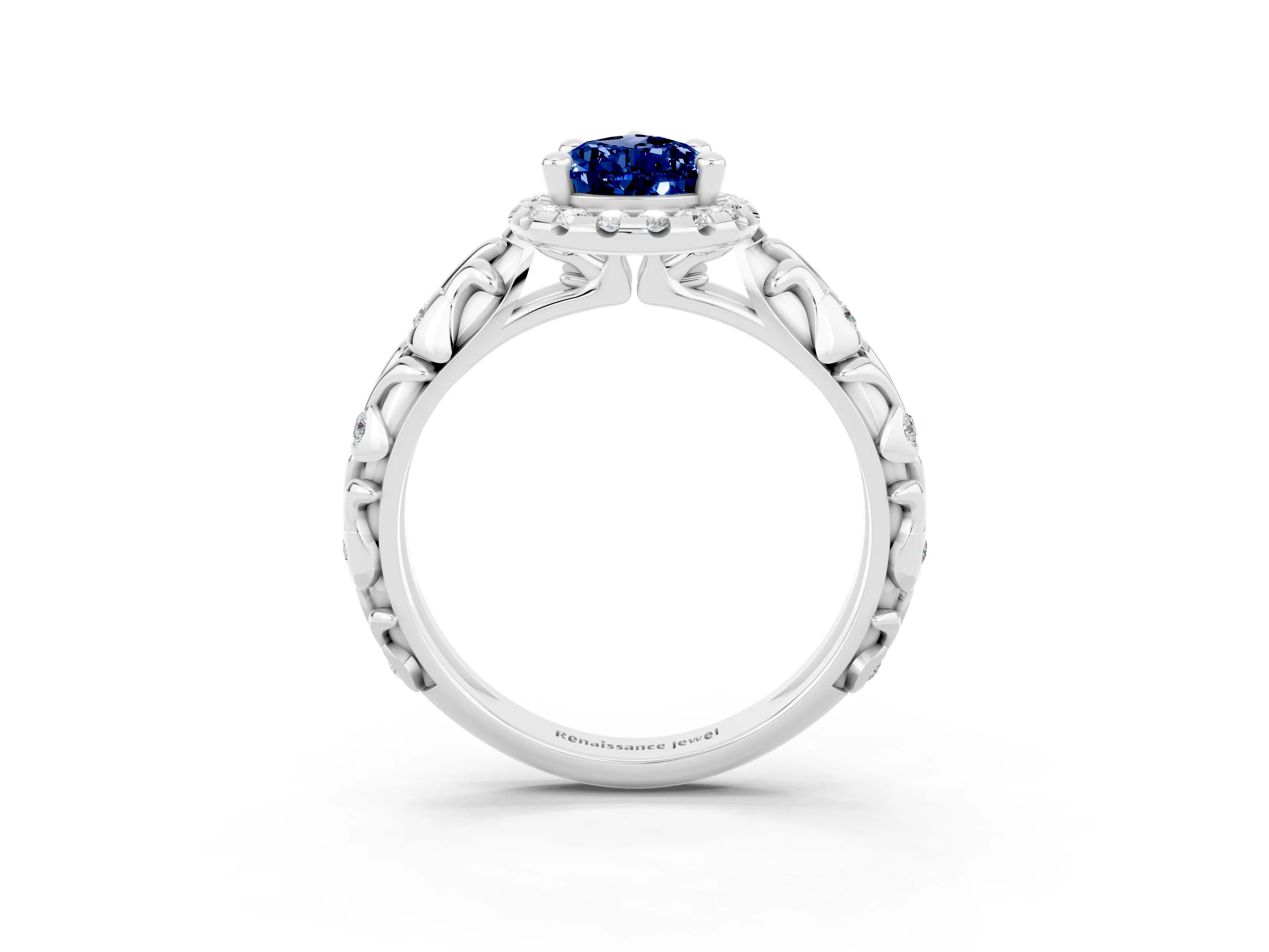 White gold Pear Cut Halo Diamond Solitaire with Filigree Band and Four-Prong Setting_3