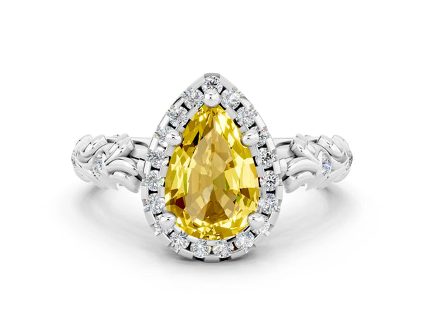 White gold Pear Cut Yellow Sapphire Halo Ring with Filigree Band and Prong Setting