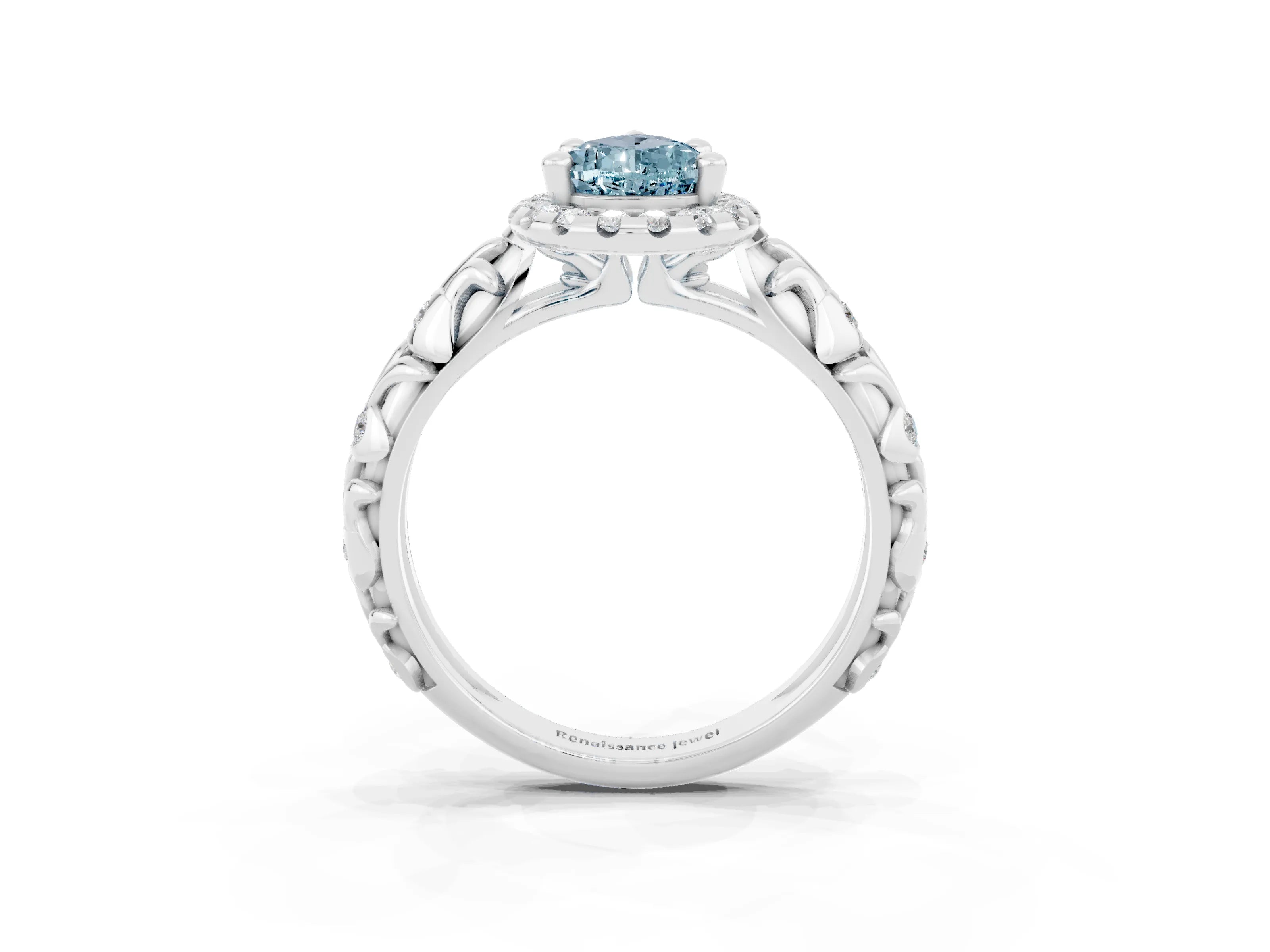 White gold Pear Cut Halo Diamond Solitaire with Filigree Band and Four-Prong Setting_3