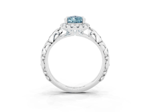 Silver Pear Cut Aquamarine Halo Ring with Filigree Band and Prong Setting