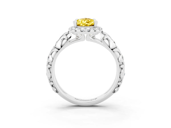 Silver Pear Cut Yellow Sapphire Halo Ring with Filigree Band and Prong Setting