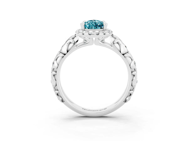 Platinum Pear Cut Halo Diamond Solitaire with Filigree Band and Four-Prong Setting