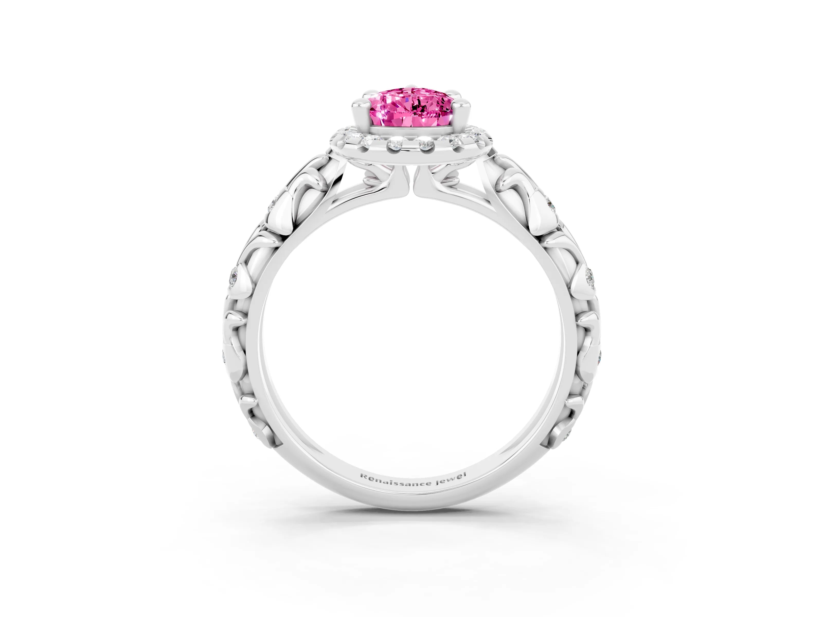 White gold Pear Cut Halo Diamond Solitaire with Filigree Band and Four-Prong Setting_3