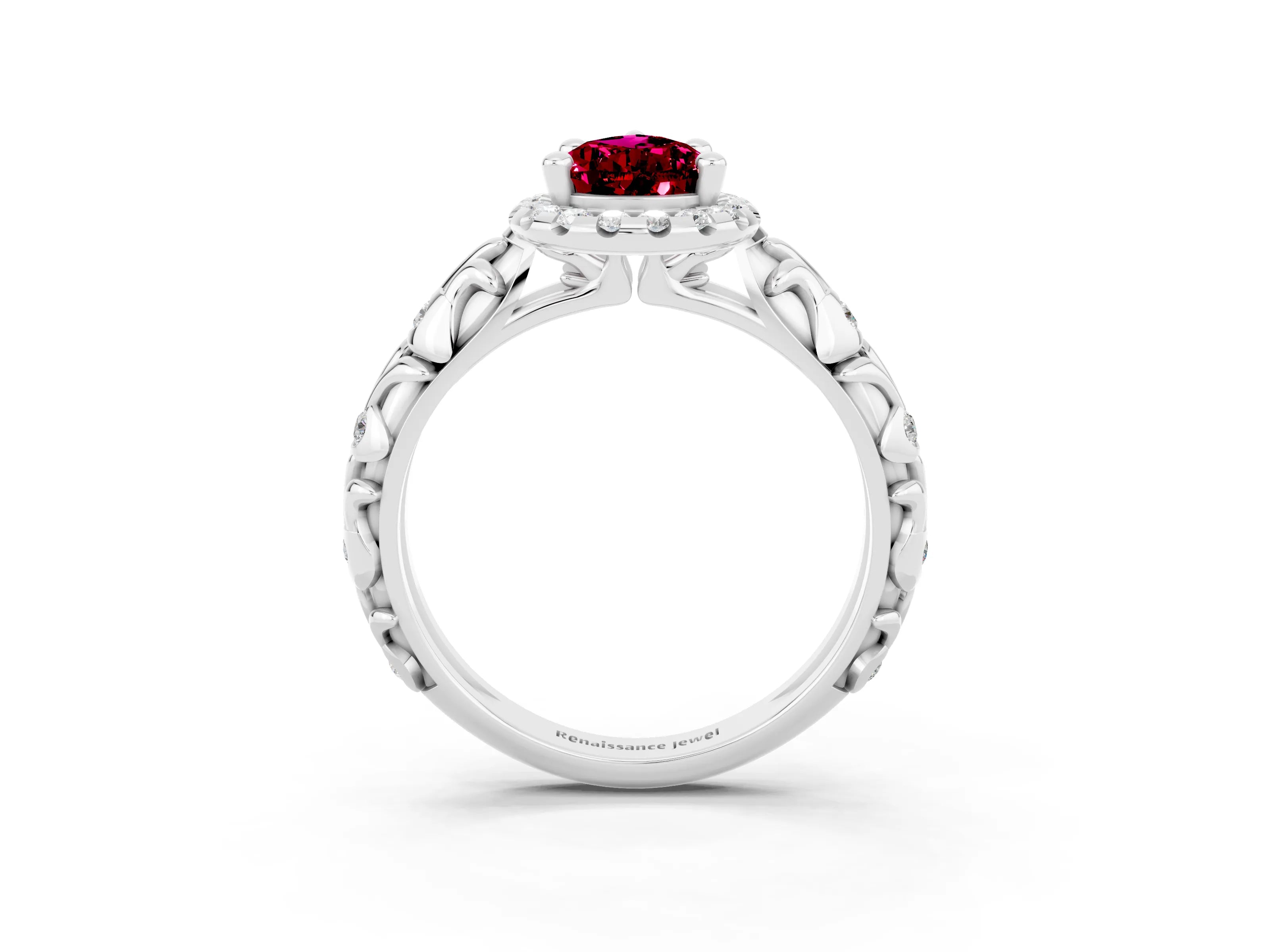 White gold Pear Cut Halo Diamond Solitaire with Filigree Band and Four-Prong Setting_3