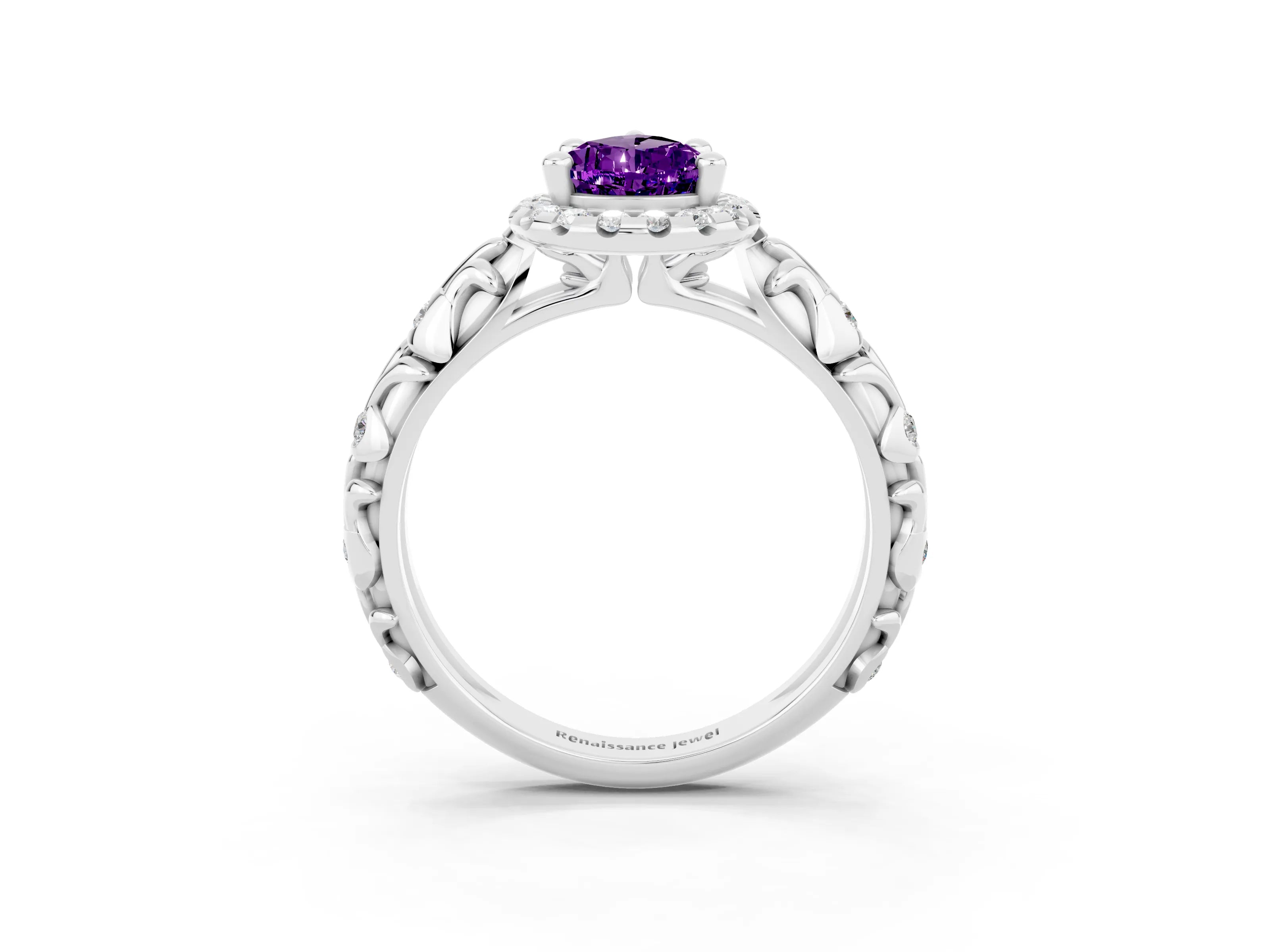 White gold Pear Cut Halo Diamond Solitaire with Filigree Band and Four-Prong Setting_3