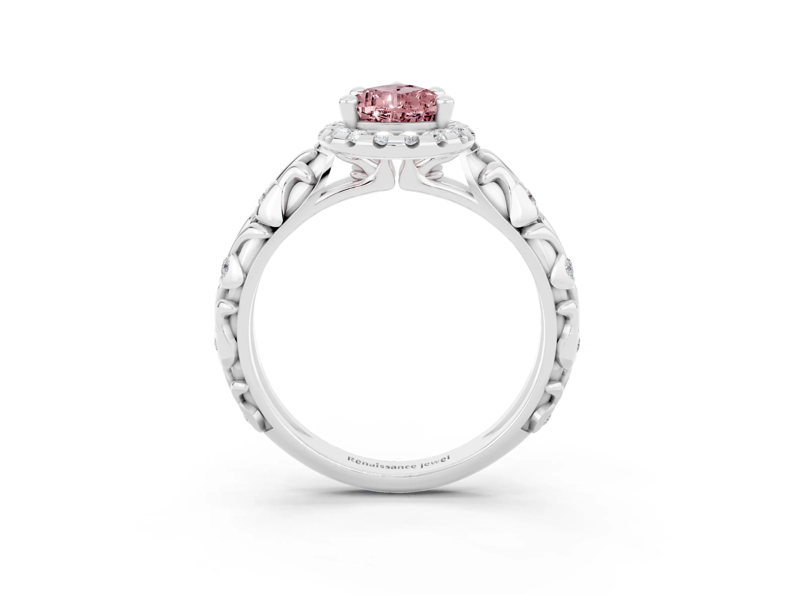 White gold Pear Cut Halo Diamond Solitaire with Filigree Band and Four-Prong Setting_3