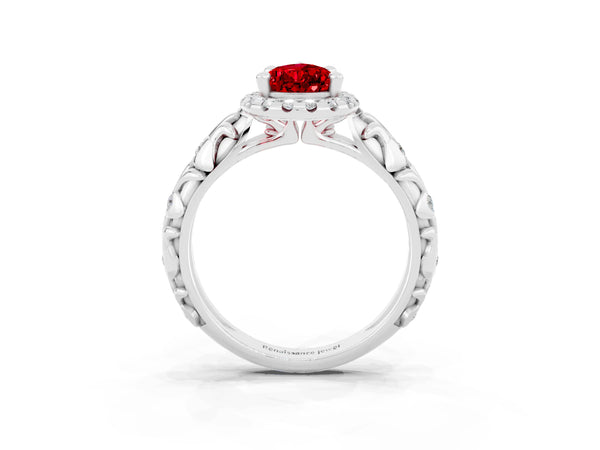 Platinum Pear Cut Ruby Halo Ring with Filigree Band and Prong Setting