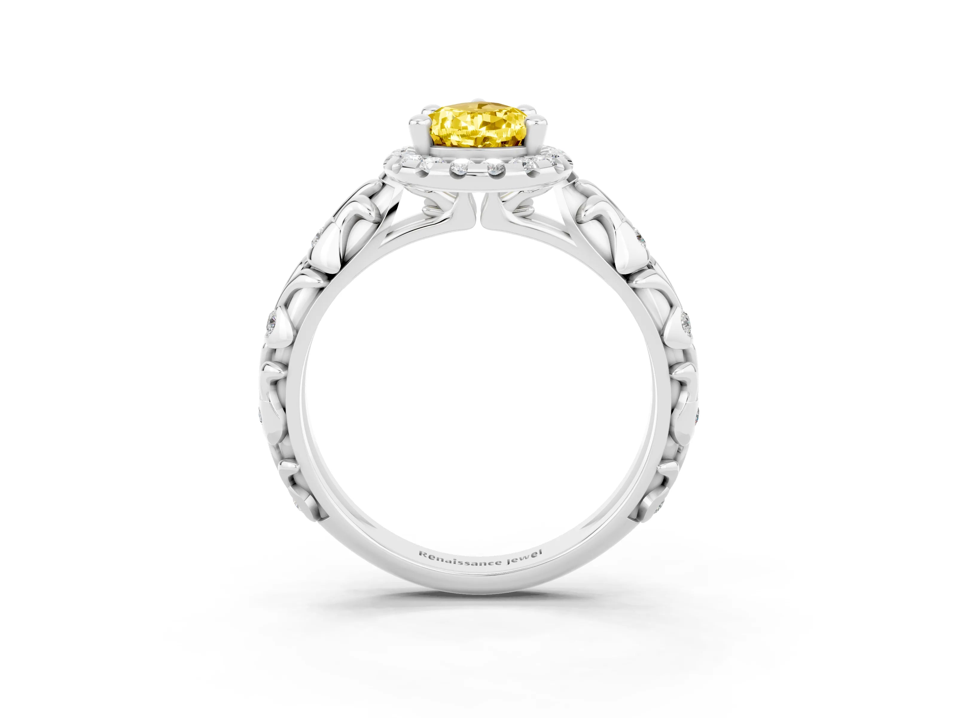 White gold Pear Cut Halo Diamond Solitaire with Filigree Band and Four-Prong Setting_3