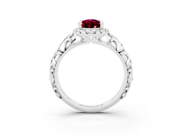 Silver Pear Cut Garnet Halo Ring with Filigree Band and Prong Setting