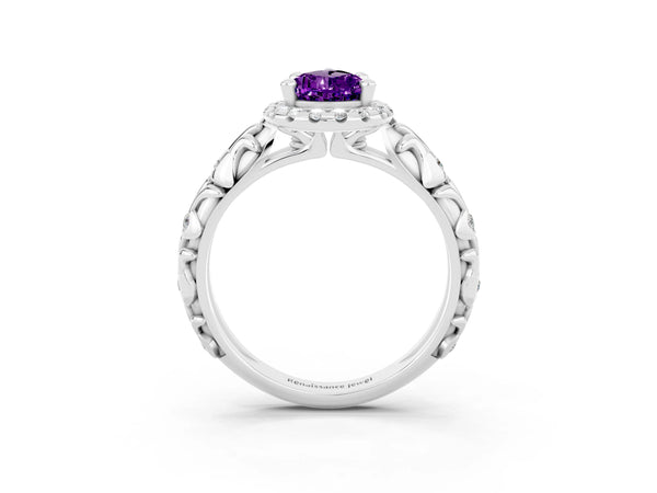 Platinum Pear Cut Amethyst Halo Ring with Filigree Band and Prong Setting