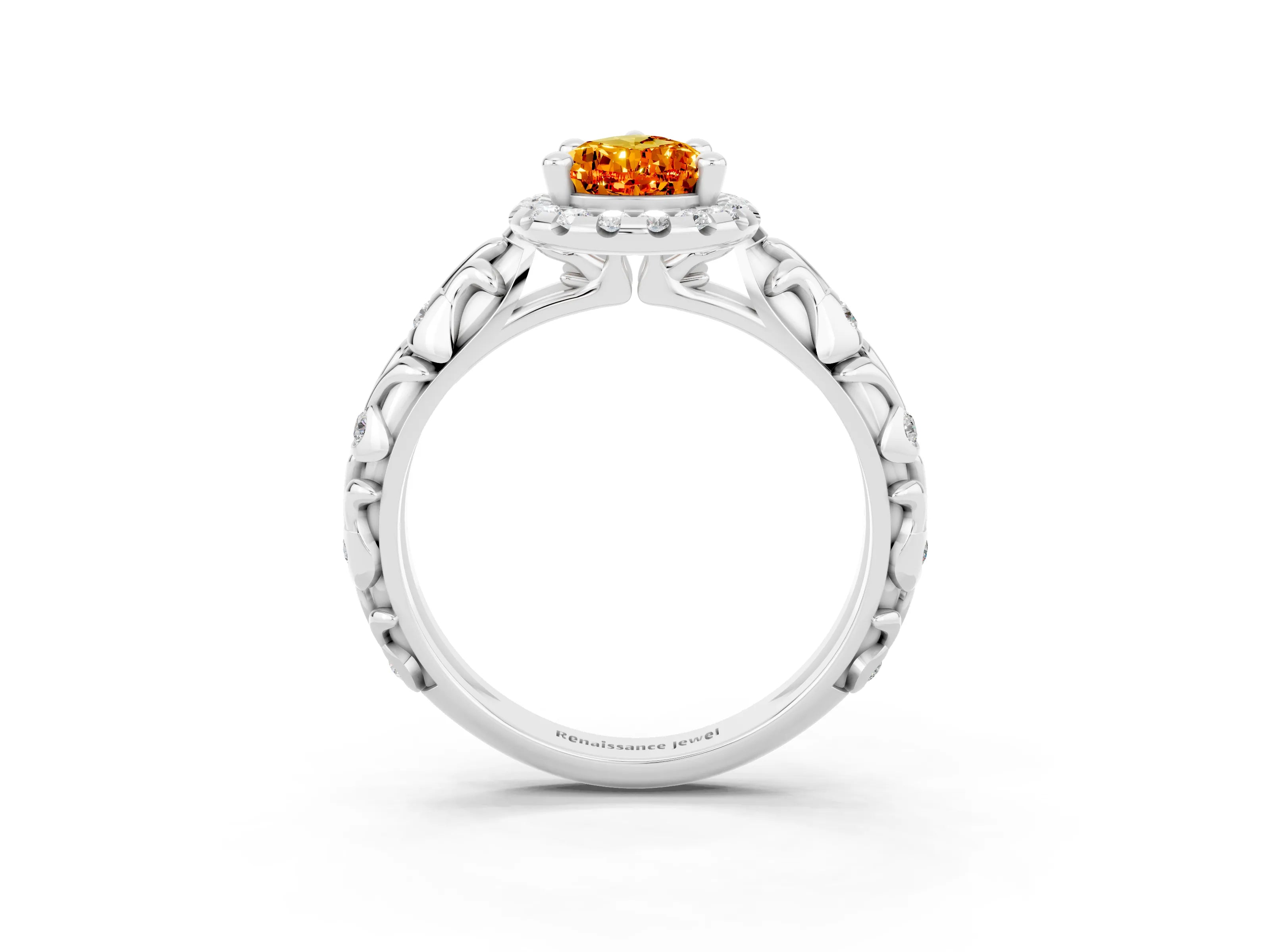 White gold Pear Cut Halo Diamond Solitaire with Filigree Band and Four-Prong Setting_3