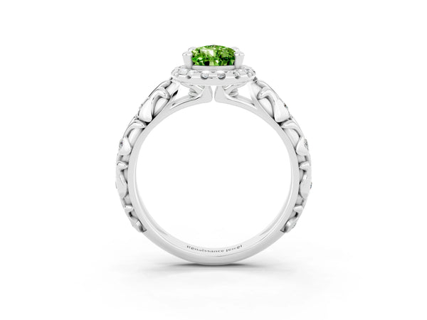 Platinum Pear Cut Peridot Halo Ring with Filigree Band and Prong Setting