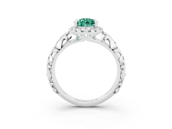 Platinum Pear Cut Green Sapphire Halo Ring with Filigree Band and Prong Setting