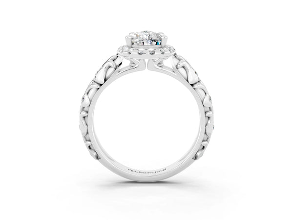Platinum Pear Cut Moissanite Halo Ring with Filigree Band and Prong Setting